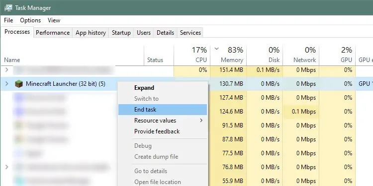 Quick 11 Solutions to Minecraft Launcher Not Working 3 Ending-Minecraft-in-taskmanager