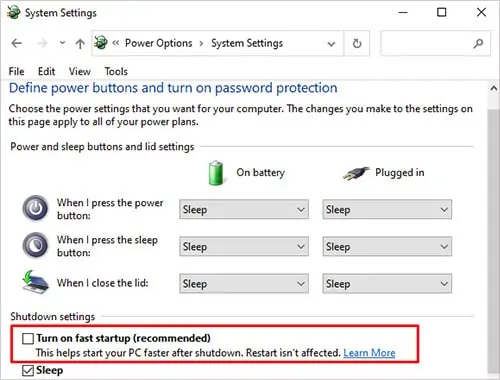 Computer Won’t Wake Up From Sleep - 13 Permanent Fixes 18 Uncheck-turn-on-fast-startup