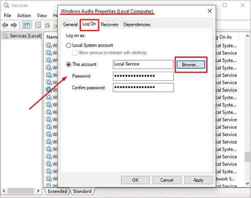 How to Fix Audio Service Not Running 34 windows-audio-properties-log-on-tab