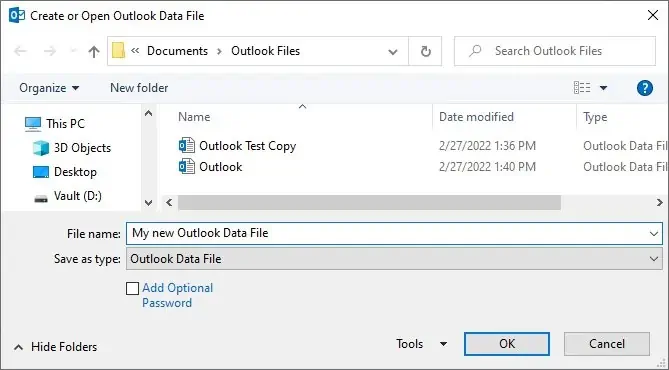 How to Repair Outlook Data with the SCANPST.EXE tool 6 create-open-outlook-dat-afile