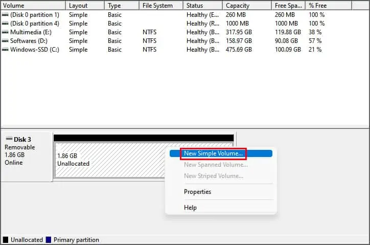 How To Delete/Combine Partition On USB Drive In Windows 15 New-Simple-volume-1