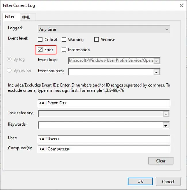 User Profile Cannot Be Loaded? Here’s How To Fix It 13 event-viewer-filter-log