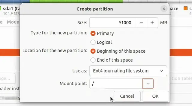 How To Dual Boot Windows 11 And Linux 10 create-root-partition-ubuntu