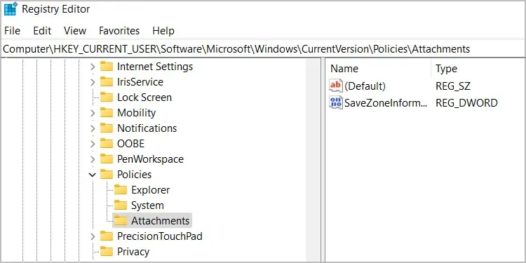 Windows-Registry-CurrentUser-Policies-Attachments