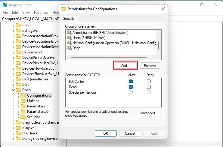 Fix: Windows Could Not Start the DHCP Client Service on Local Computer (12 Possible Ways) 55 add-button-in-permissions-for-configurations