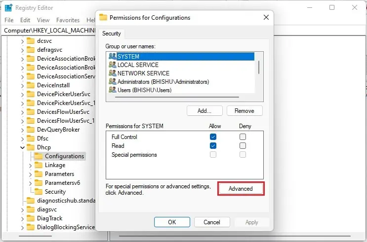Fix: Windows Could Not Start the DHCP Client Service on Local Computer (12 Possible Ways) 58 advanced-button-in-permissions-for-dhcp