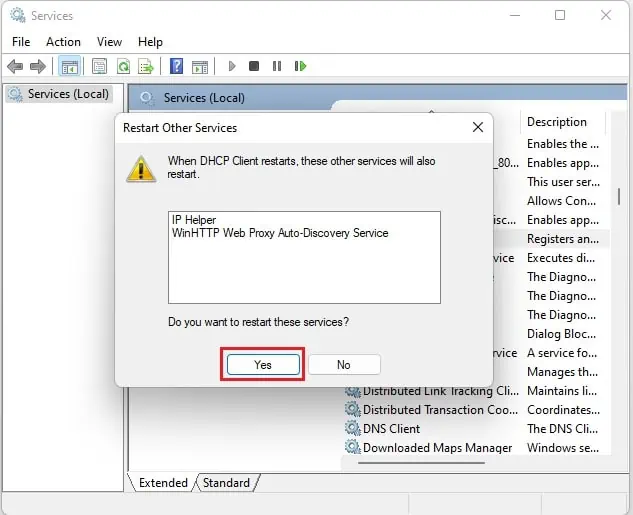 Fix: Windows Could Not Start the DHCP Client Service on Local Computer (12 Possible Ways) 47 press-yes-to-restart-the-services
