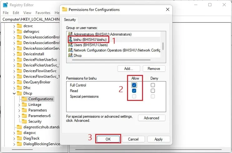 Fix: Windows Could Not Start the DHCP Client Service on Local Computer (12 Possible Ways) 54 select-username-and-allow-full-permission