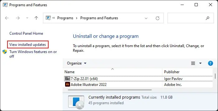 Fix: The Computer Has Rebooted From a Bugcheck 21 view-installed-updates