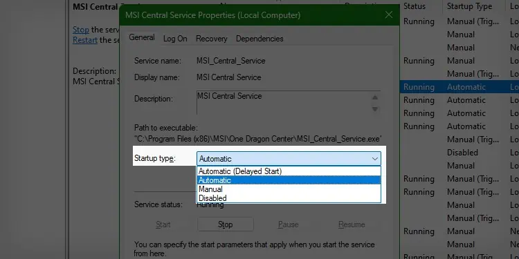 MSI Dragon Center Not Working? 7 Ways to Fix it 4 Now-click-on-the-Startup-type-dropdown-menu-and-select-Automatic