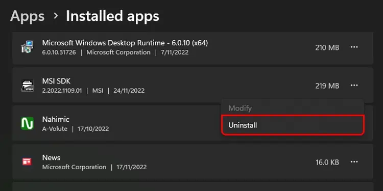 MSI Dragon Center Not Working? 7 Ways to Fix it 12 Perform-the-same-steps-for-MSI-SDK-on-the-app-list.