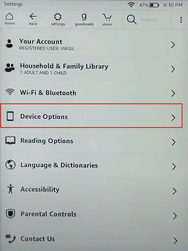 How to Reset an Amazon Fire Tablet 8 find-Device-Options-and-tap-on-it