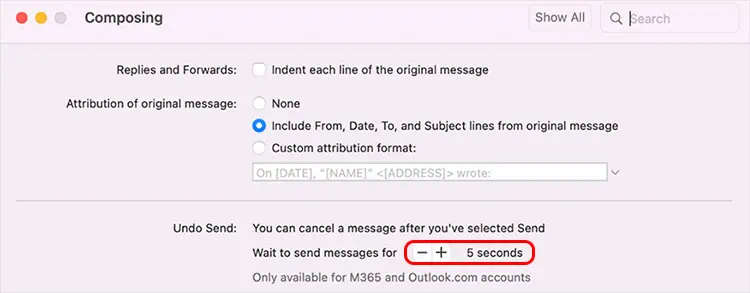 How to Recall or Reedit Email on Outlook 16 undo-send-set-time-limit