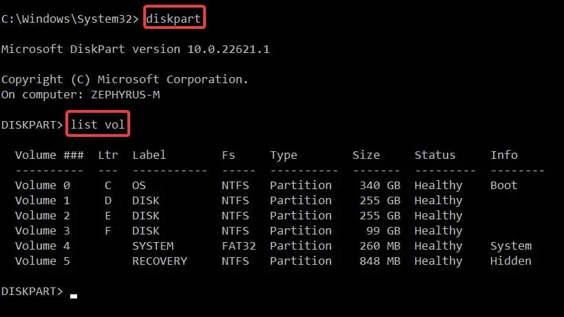 8 Ways to Fix : Default Boot Device Missing or Boot Failed 15 dikspart-list-vol