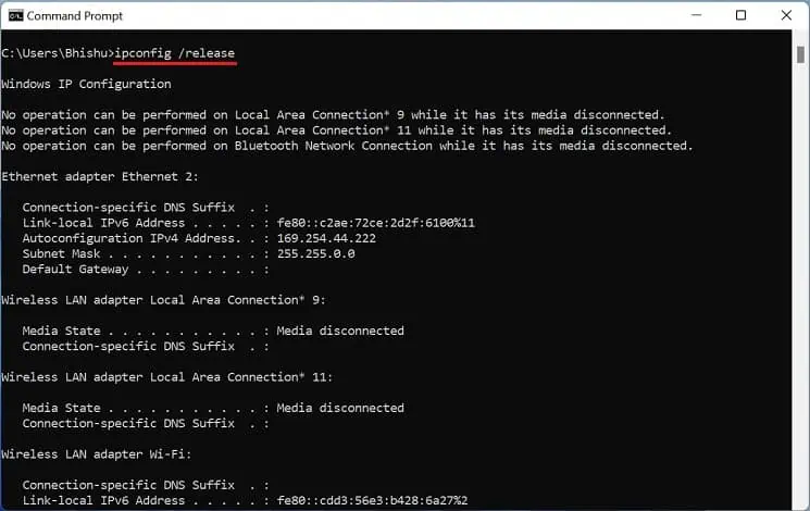 8 Possible Ways to Fix “No Internet, Secured” Error 9 ipconfig-release