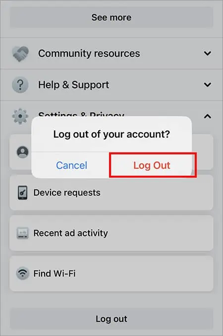 Facebook Saying No Internet Connection - How to Fix it 4 pick-Log-Out-to-confirm