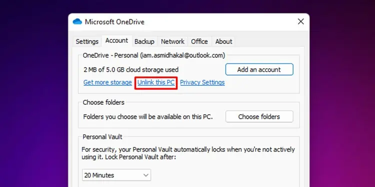 Unlink-this-PC-Outlook