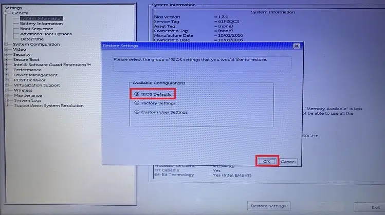 14 Ways to Solve a Black Screen on Your Dell Laptop 9 bios-defaults-and-ok