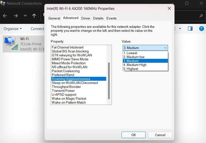 Wi-Fi Keeps Disconnecting on Windows 11? 9 Ways to Fix It 9 roaming-aggressiveness-1