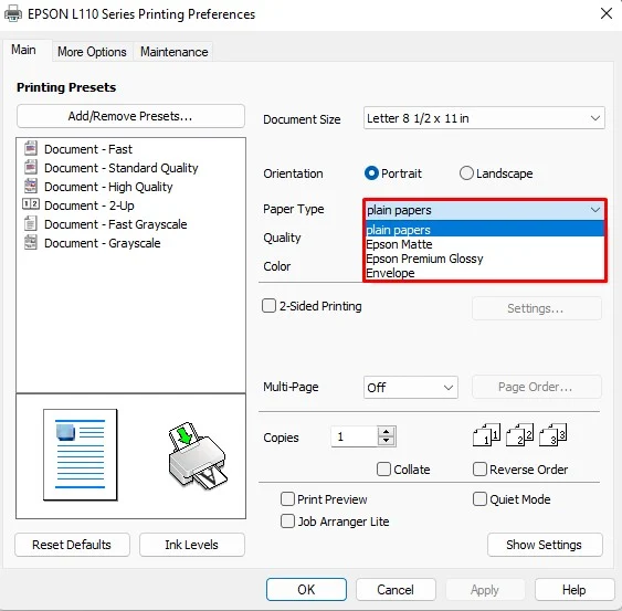 paper-type-in-epson-printer