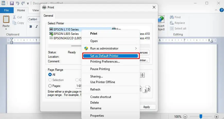 set-default-printer-from-wordpad
