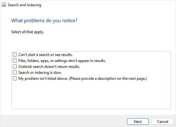 select-problems-indexing-troubleshooter