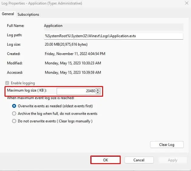 change-maximum-log-size