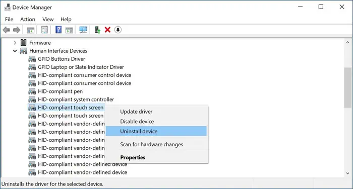 Surface Touch Screen Not Working? Try These 7 Fixes 4 device-manager-hid-compliant-touch-screen-uninstall-device