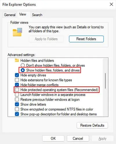 Low Disk Space but Nothing to Delete—What to Do? 1 file-explorer-options-show-hidden-files-folders-drives-protected-operating-system