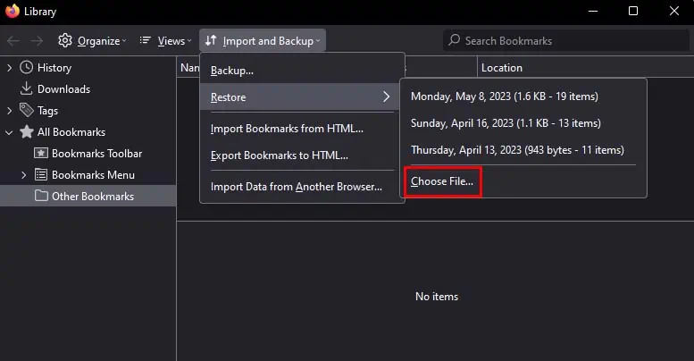 How to Backup Firefox Bookmarks 6 firefox-bookmark-manager-restore-choose-file