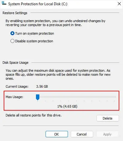 Low Disk Space but Nothing to Delete—What to Do? 8 max-usage-lower-system-protection