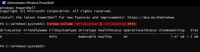 How to Format a USB Drive 6 powershell-format-usb-volume-drive-letter-e-file-system-ntfs