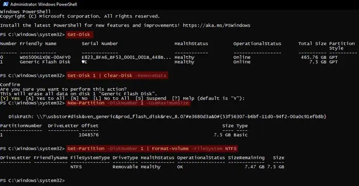 How to Format a USB Drive 7 powershell-usb-get-disk-clear-disk-new-partition-get-partition-format-volume-ntfs