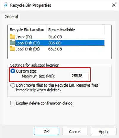 Low Disk Space but Nothing to Delete—What to Do? 3 recycle-bin-properties-custom-size-maximum