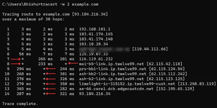 asterik-when-running-tracert-command