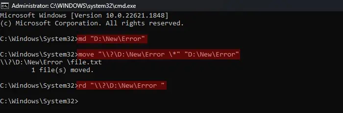 Fix: Could Not Find This Item This is No Longer Located 4 create-new-folder-move-from-folder-with-trailing-space-delete-old-folder-long-device-path-command-prompt