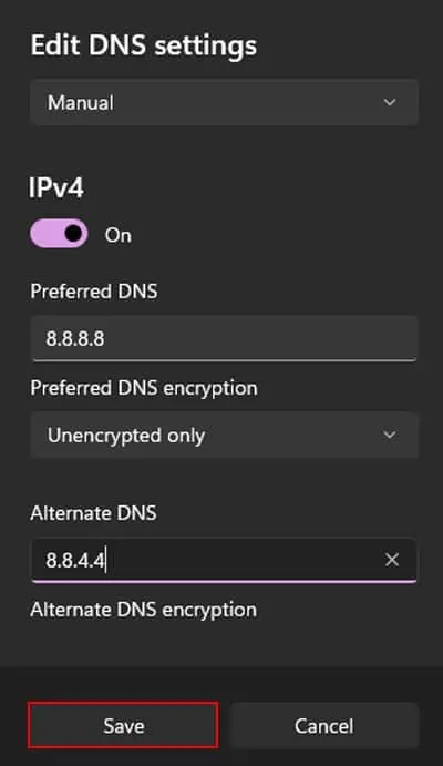How to Change Your DNS Server (Complete Guide) 2 edit-dns-settings-manual-ipv4-preferred-and-alternate-dns-save