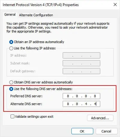 How to Change Your DNS Server (Complete Guide) 5 internet-protocol-version-4-use-the-following-dns-server-addresses
