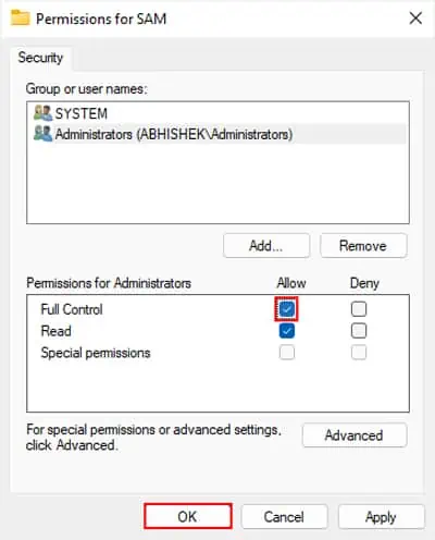 How to Delete Administrator Account in Windows? 6 Best Ways 10 sam-permission-administrators-allow-full-control-ok