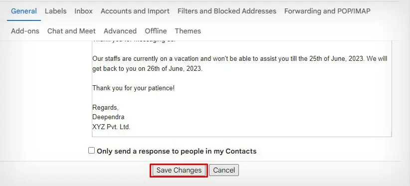 How to Automate Email Responses in Gmail 8 save-changes-for-vacation-responder