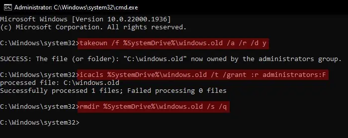 takeown-windows-old-admin-icacls-grant-full-access-rmdir-remove-directory