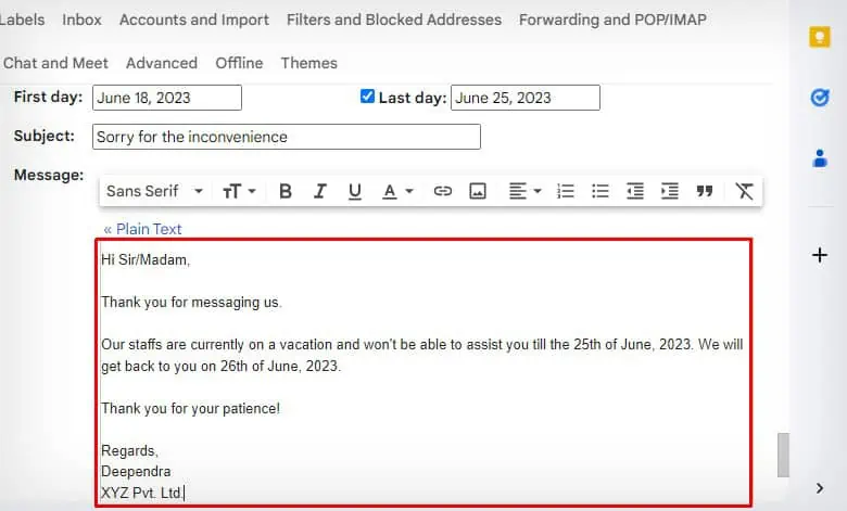 How to Automate Email Responses in Gmail 6 vacation-response-message