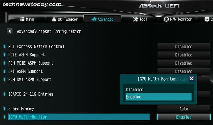 How to Enable Integrated Graphics on ASRock 6 asrock-uefi-advanced-chipset-configuration-igpu-multi-monitor-enabled