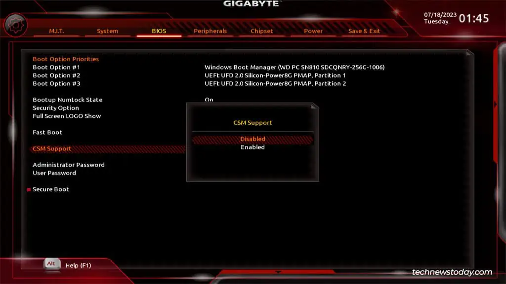 How To Enable Or Disable CSM On Gigabyte 2 csm-support-disabled-enabled-gigabyte
