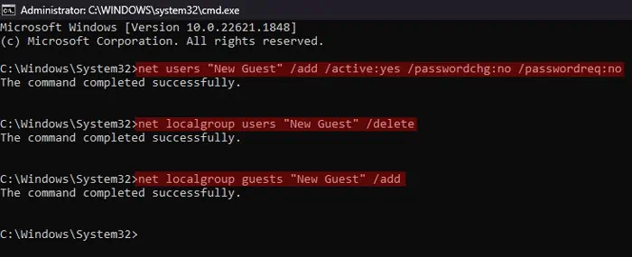 5 Ways to Create Guest Account in Windows 10 8 net-users-guest-add-active-yes-passwordchg-no-passwordreq-no-localgroup-delete-users-add-guests