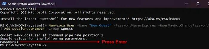 5 Ways to Create Guest Account in Windows 10 10 powershell-new-localuser-name-passwordneverexpires-usermaynotchangepassword-add-localgroupmember-group-guests
