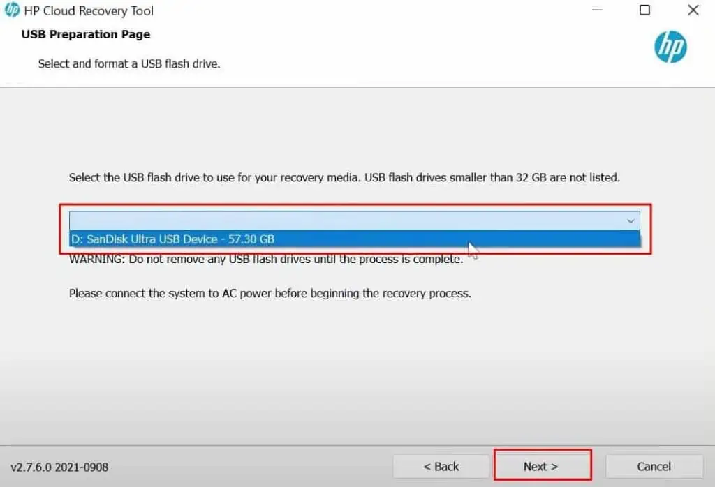 How to Factory Reset HP Laptop 10 select-USB-drive-hp-cloud-recovery-1024x698