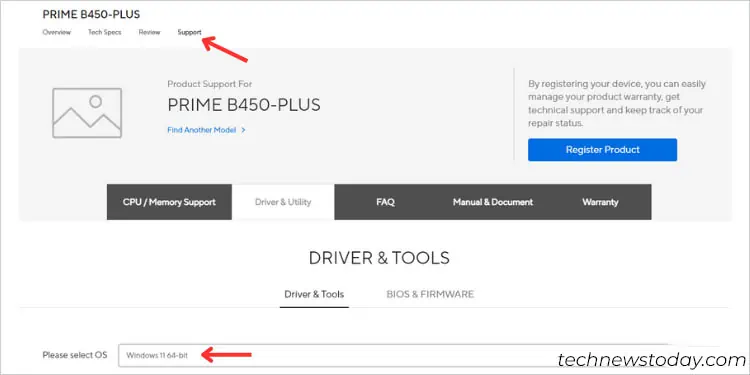 support-page-asus-motherboard-go-to-drivers-and-utilities-and-select-os