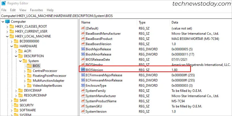 biosversion-in-registry-editor