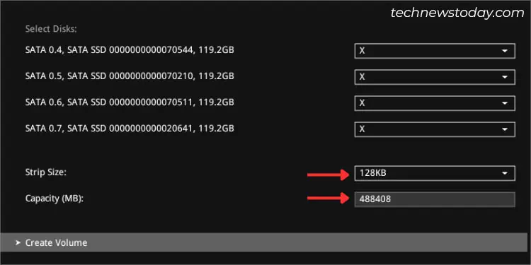 set-strip-size-and-capacity-before-creating-volume